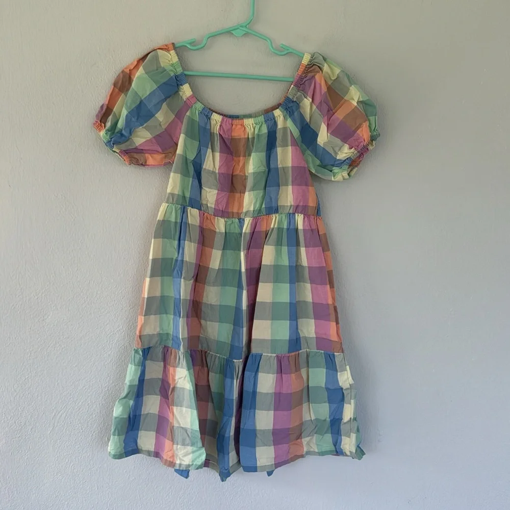 GAP girl’s pastel gingham plaid cotton button print puff sleeve dress medium